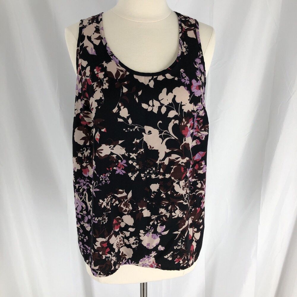 Halogen Black Purple Pink floral vneck sleeveless tank top blouse size medium